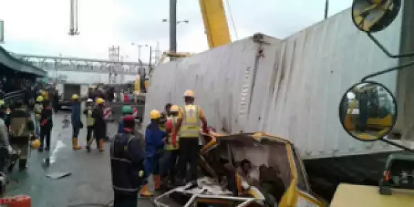 TRAGIC!!! Five Killed As Container Falls On Commercial Bus In Ojota [See Photos]